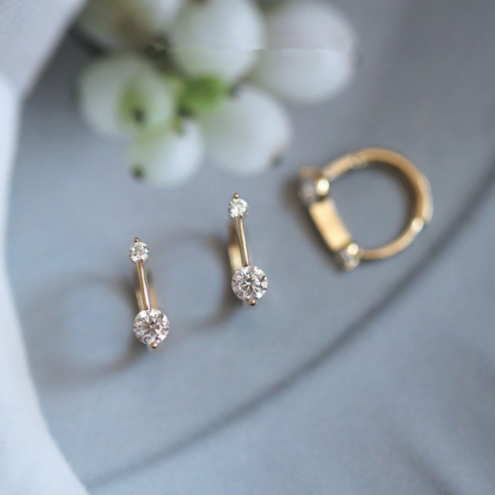 Sterling Silver Simulated Diamond Drop Bar Miniature Gold Earrings - Picture 3 of 8